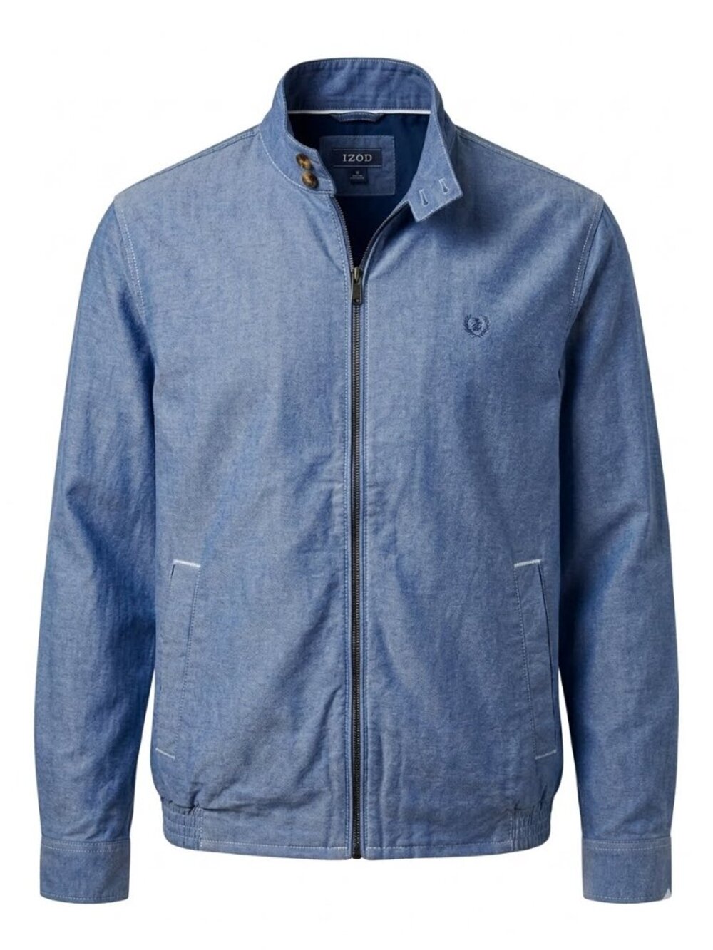 Izod Blue Chambray Lightweight Full Zip Two Button Collar Jacket 3797